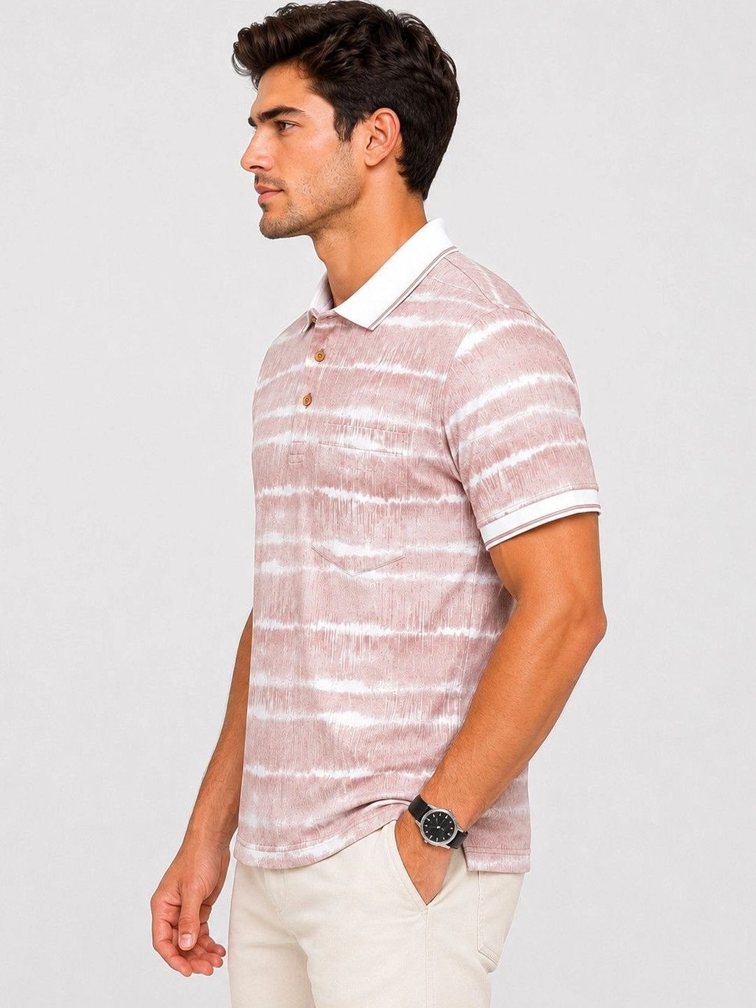 OKIA OKIA Men Tie and Dye Printed Polo Collar Linen Blend Pockets T-shirt