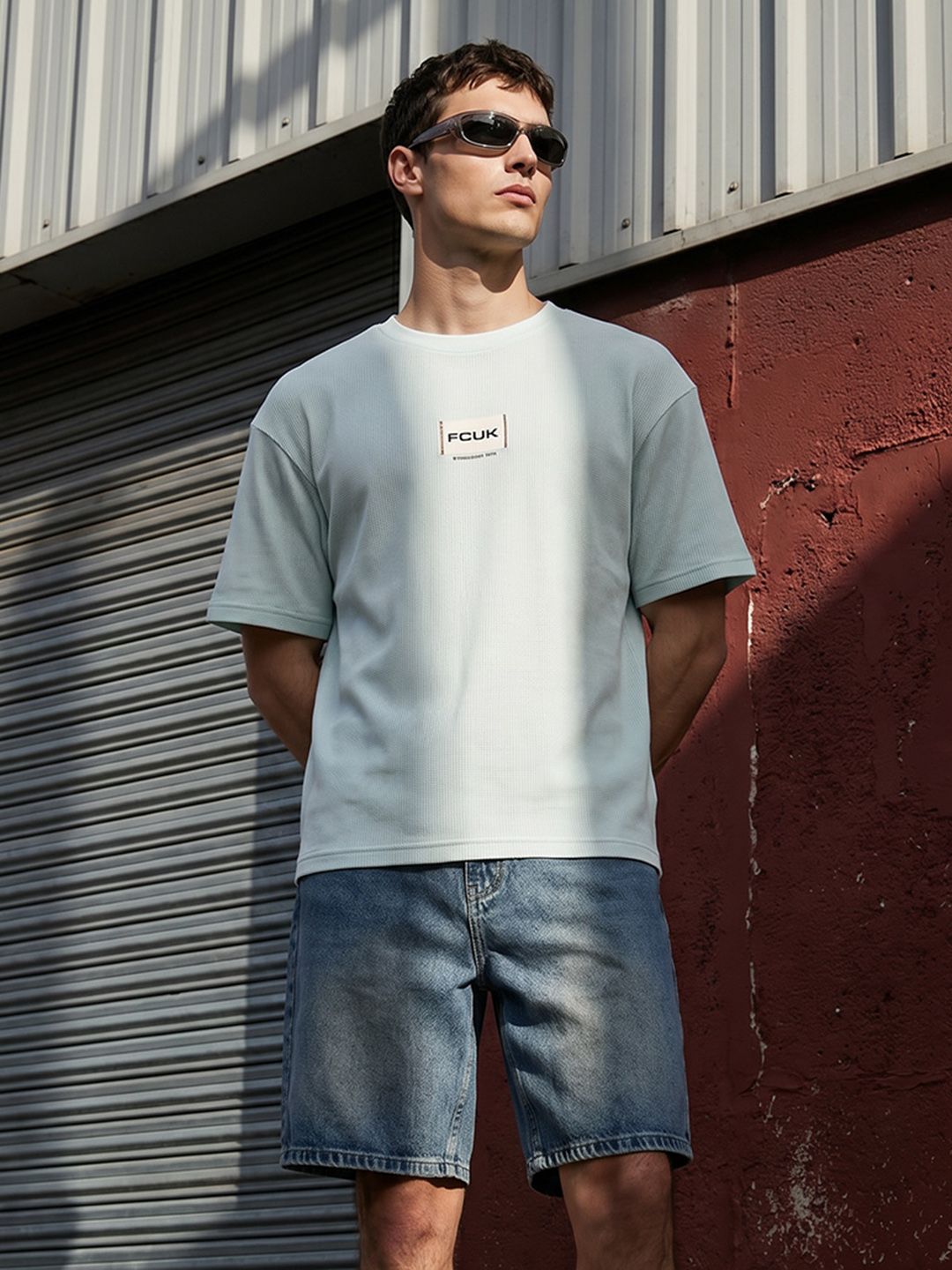FCUK Self Design Drop-Shoulder Sleeves Oversized Pure Cotton T-shirt
