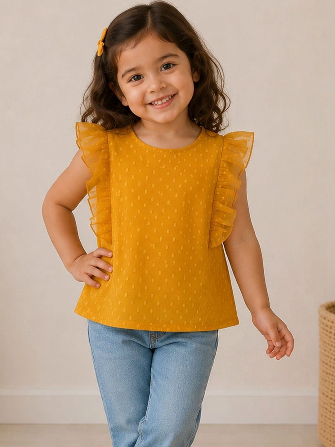 Purple United Kids Girls Dobby Cotton Flutter Sleeves Breathable Relaxed Feel Mustard Top