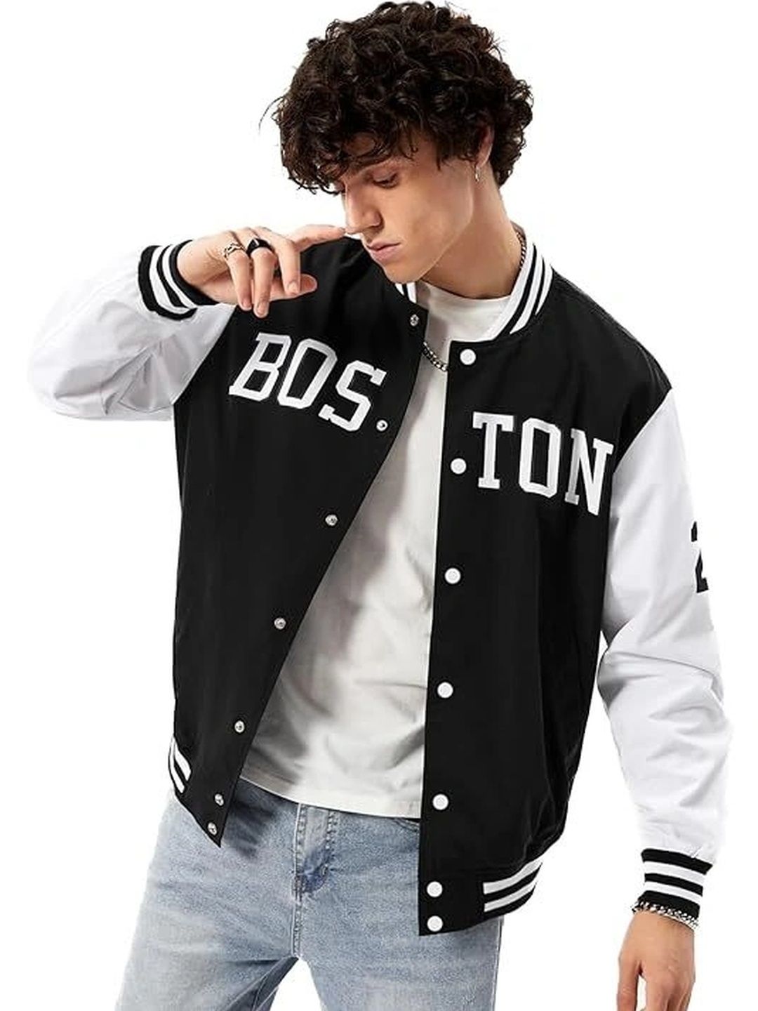 FLAXWEAR Men Typography Colourblocked Fleece Varsity Jacket