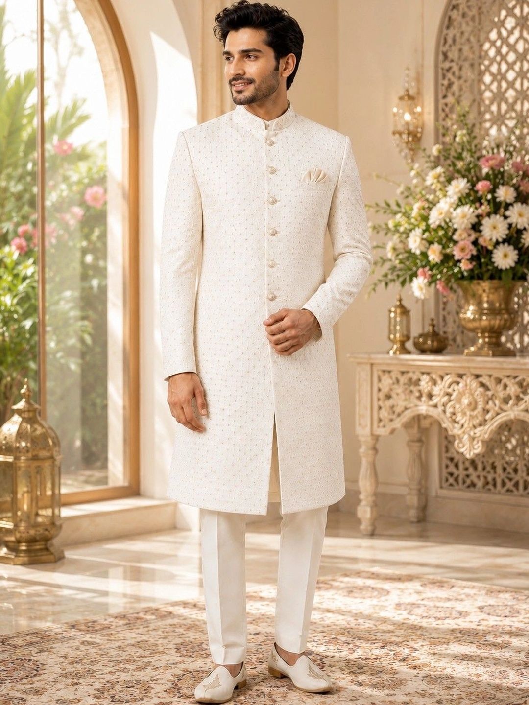 House of Pataudi Embroidered Pure Cotton Mandarin Collar Sherwani Set