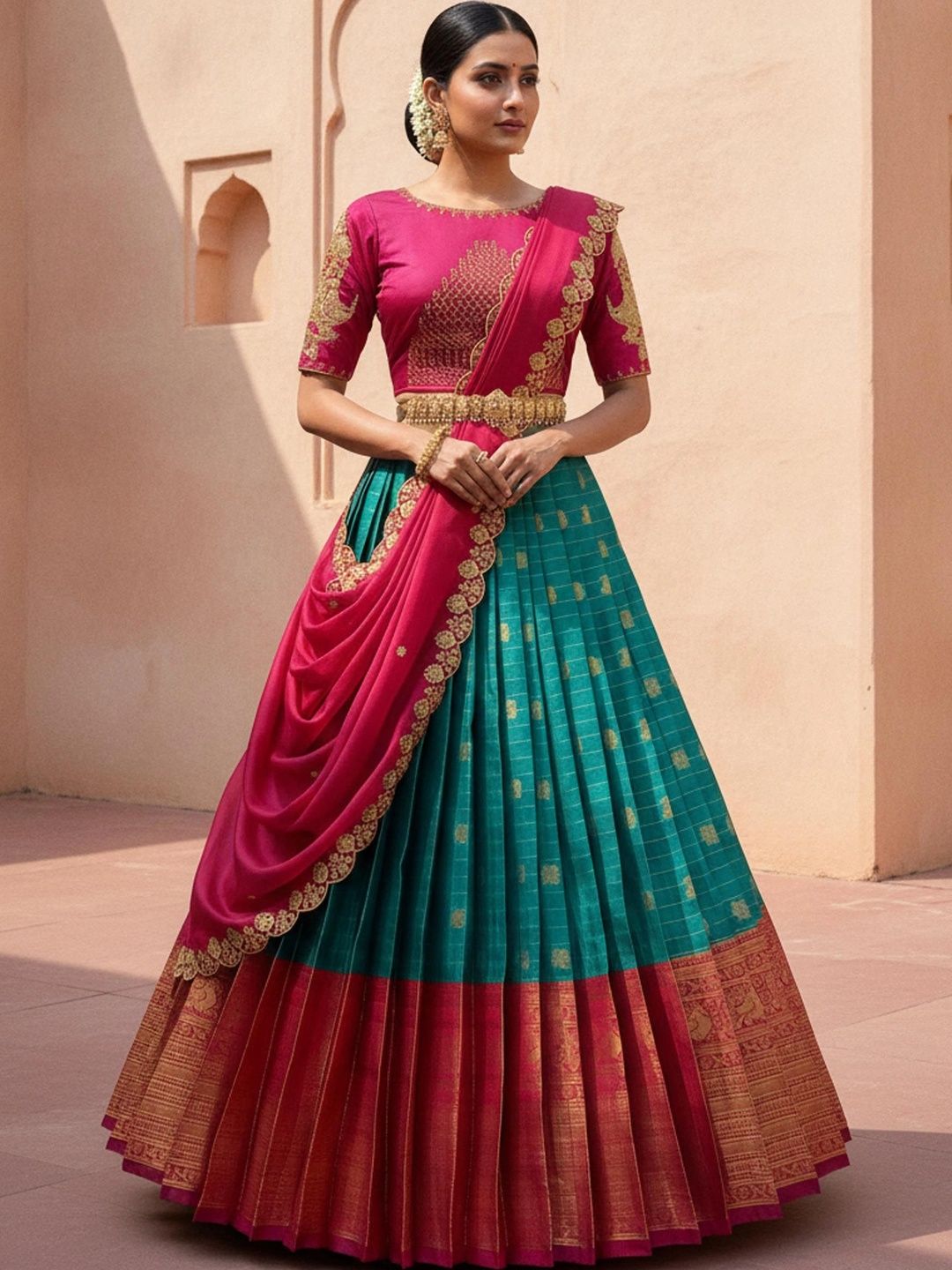 Pink Bindi Embroidered Thread Work Unstitched Lehenga & Blouse With Dupatta
