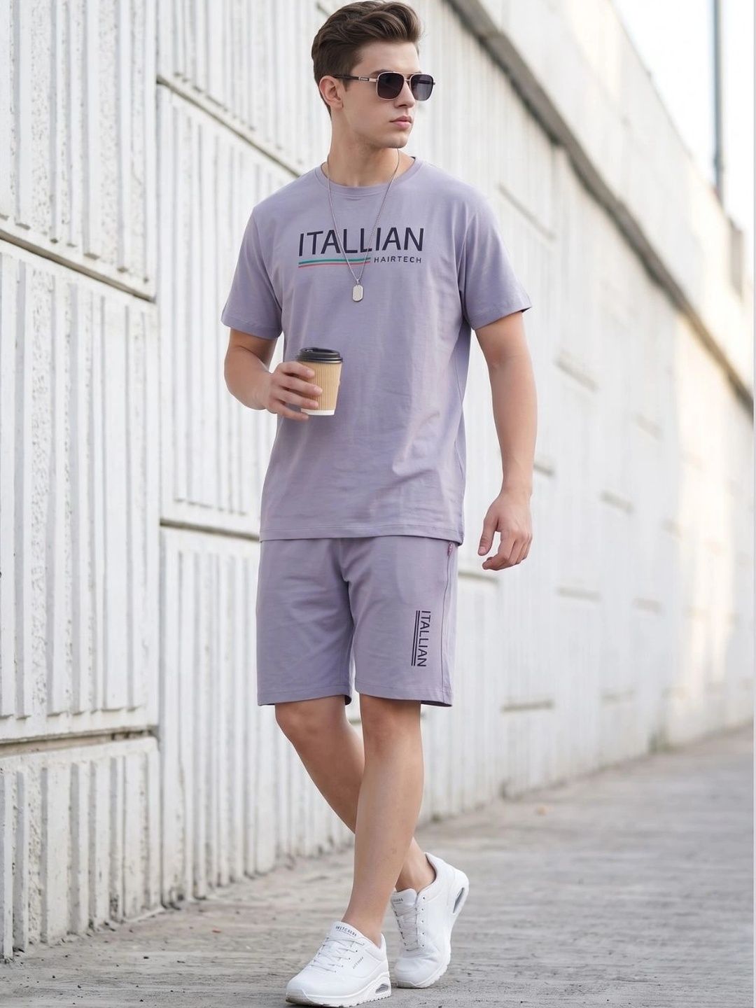 WEET Men Typography Printed Cotton T-Shirt and Shorts Set Night suit