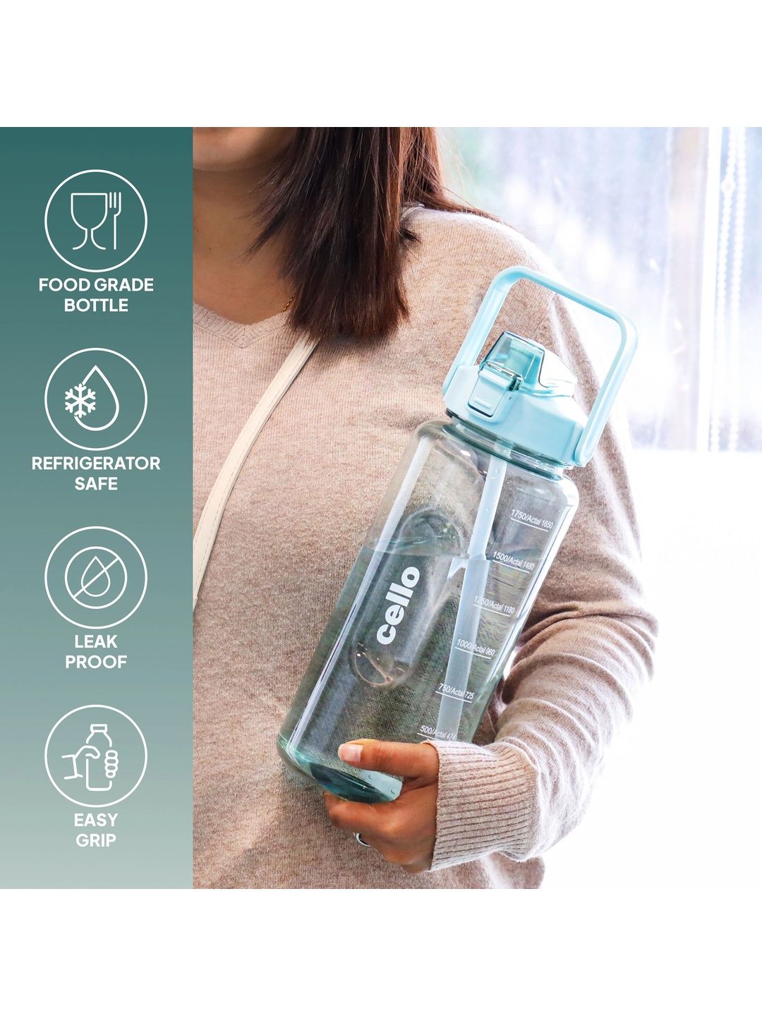 Cello Green Single Plastic Solid Water Bottle-2080ml