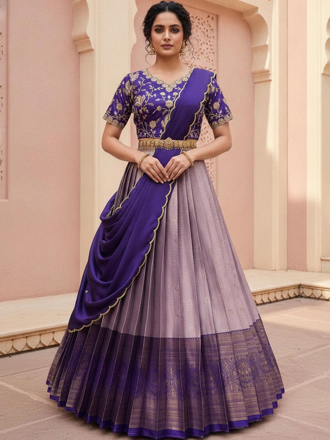 Pink Bindi Embroidered Thread Work Unstitched Lehenga & Blouse With Dupatta