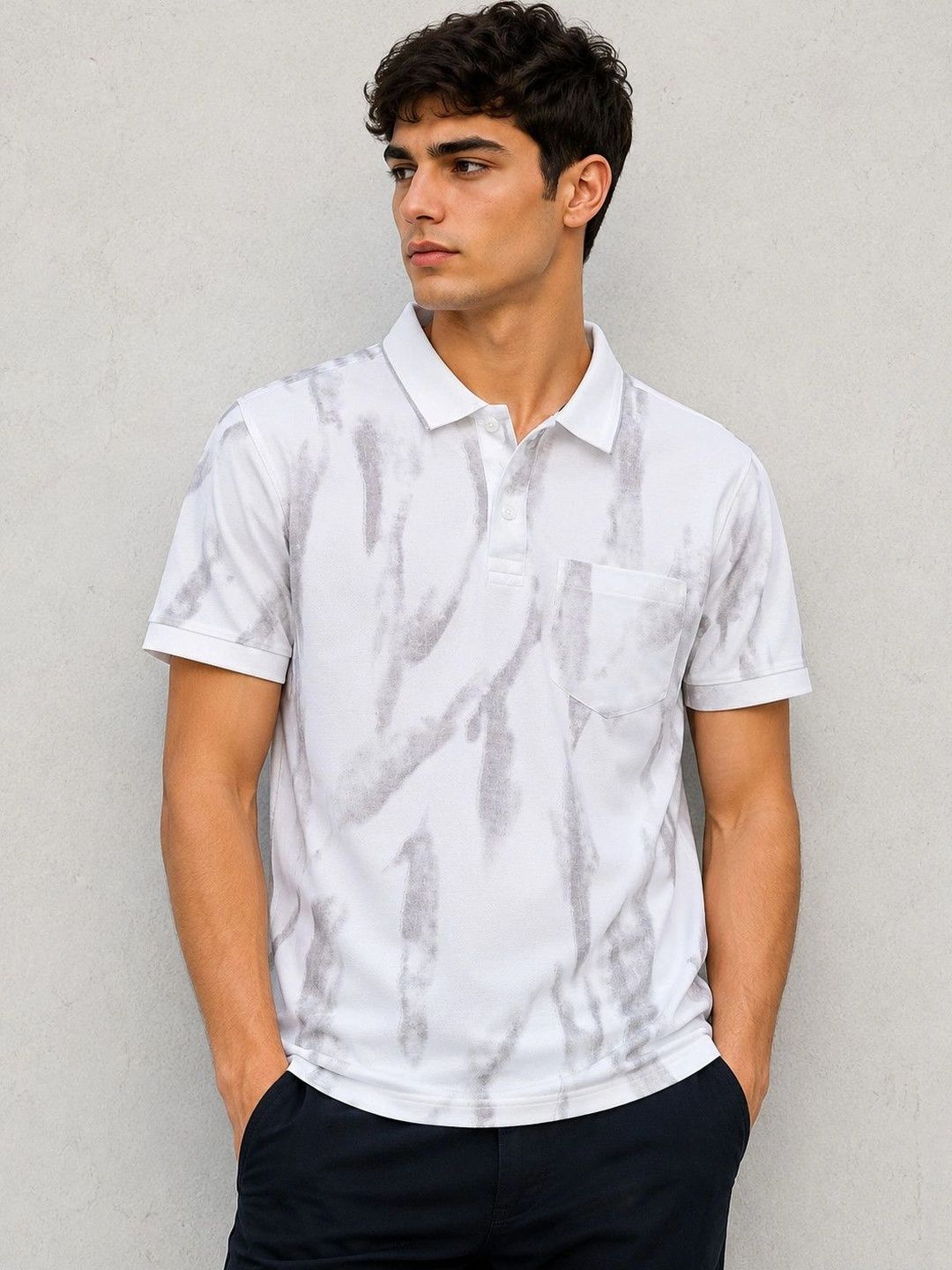OKIA Men Tie and Dye Printed Polo Collar Linen Blend Pockets T-shirt