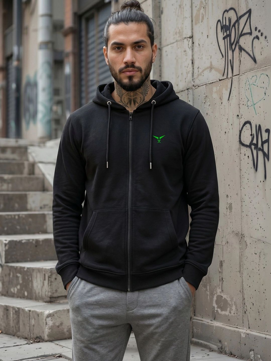 LEON Men Solid Zipper Hooded Sweatshirt