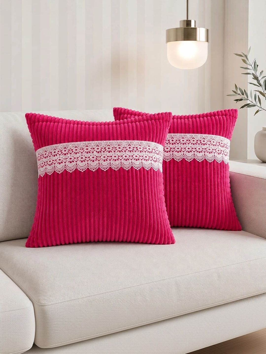 RD TREND RD TREND Magenta Corduroy Set of 2 Striped Square Cushion Covers With Lace