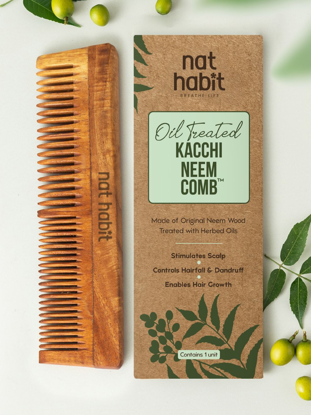 Nat Habit Kacchi Neem Dual Wooden Tooth Comb - Soaked in 17 Herbs & Oils for Frizz Control