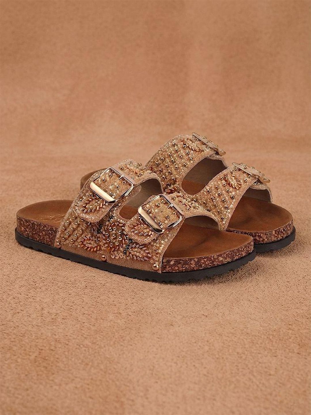 House of Pataudi Embellished Suede Flatform Sandals
