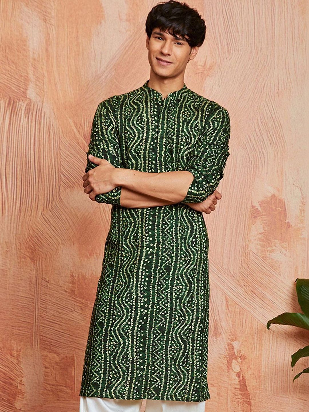 VASTRAMAY Bandhani Printed Band Collar Straight Kurta
