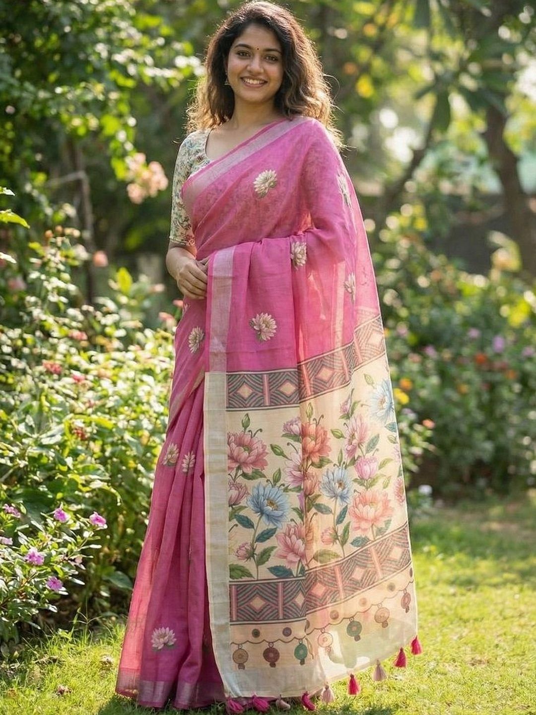 nisha creation Floral Linen Blend Saree