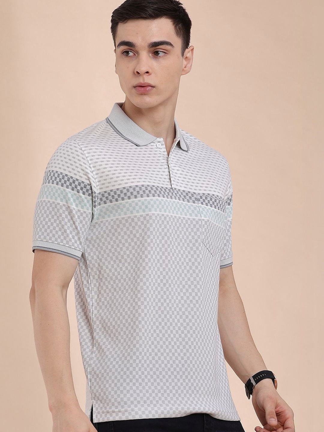 V-Mart Men Checked Polo Collar Pockets T-shirt
