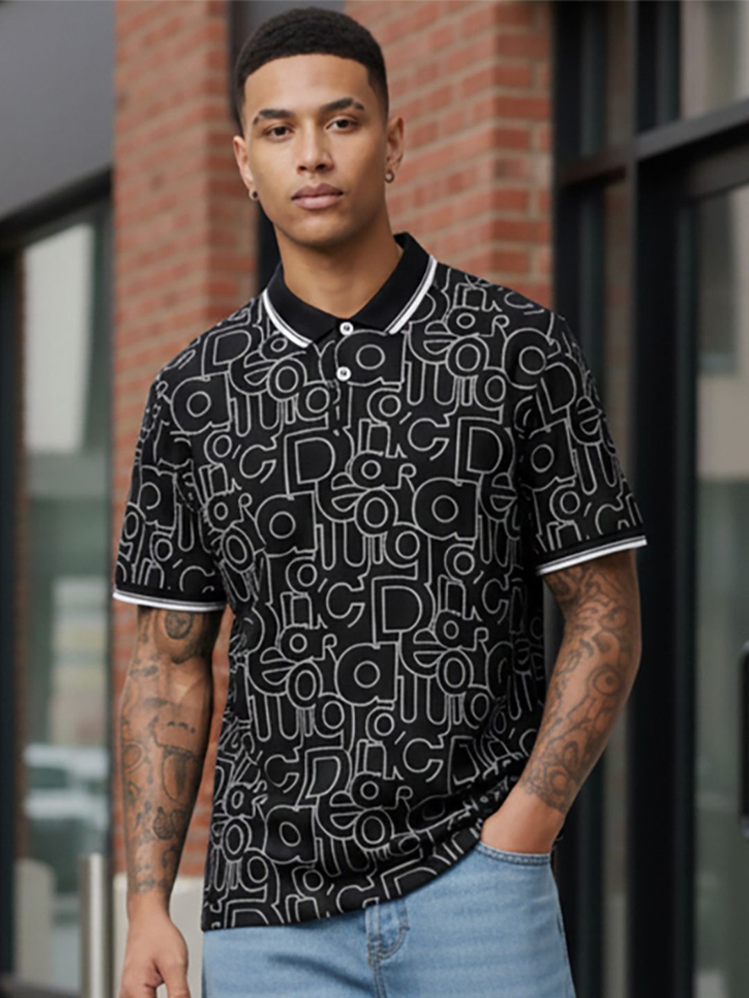 HERE&NOW Men Typography Printed Polo Collar T-shirt