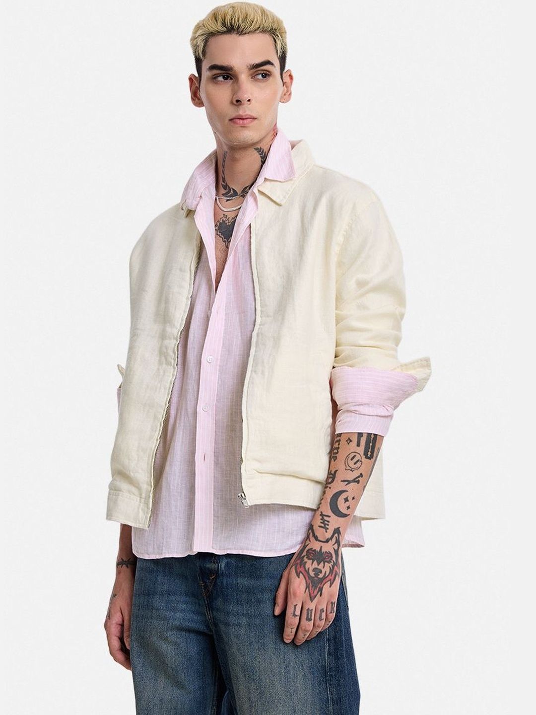 Snitch Men Washed Striped Crop Tailored Jacket