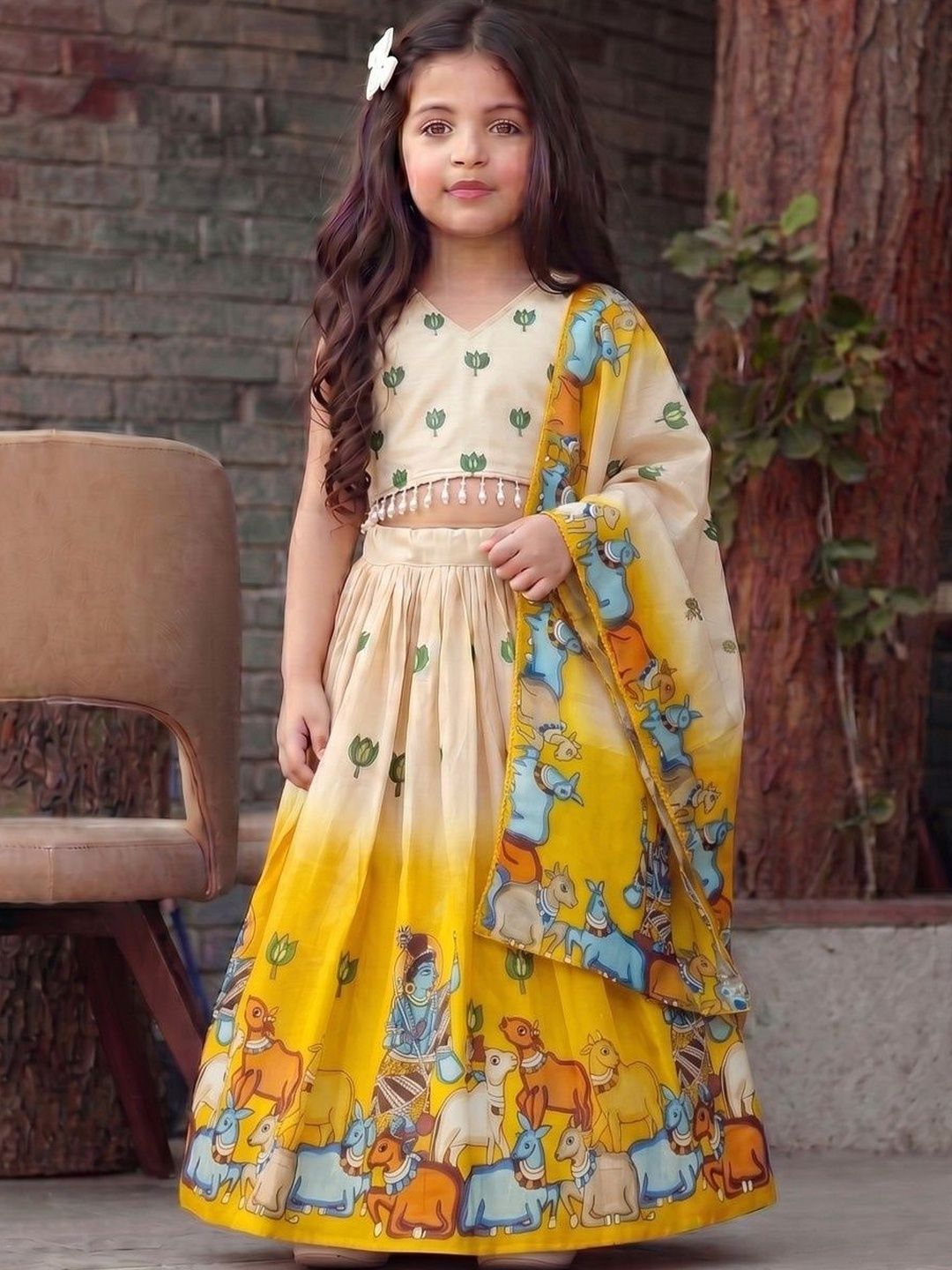 Sangria Girls Printed Mukaish Tie and Dye Ready to Wear Lehenga & Blouse With Dupatta