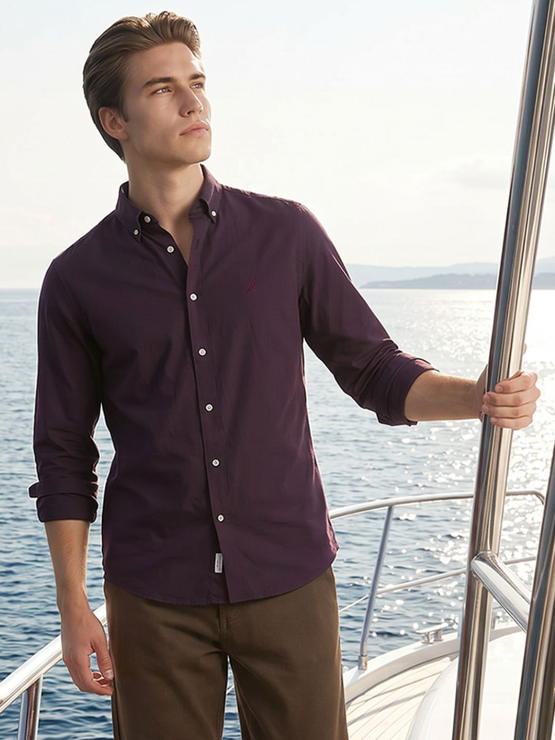 Nautica Button-Down Collar Slim Fit Pure Cotton Casual Shirt