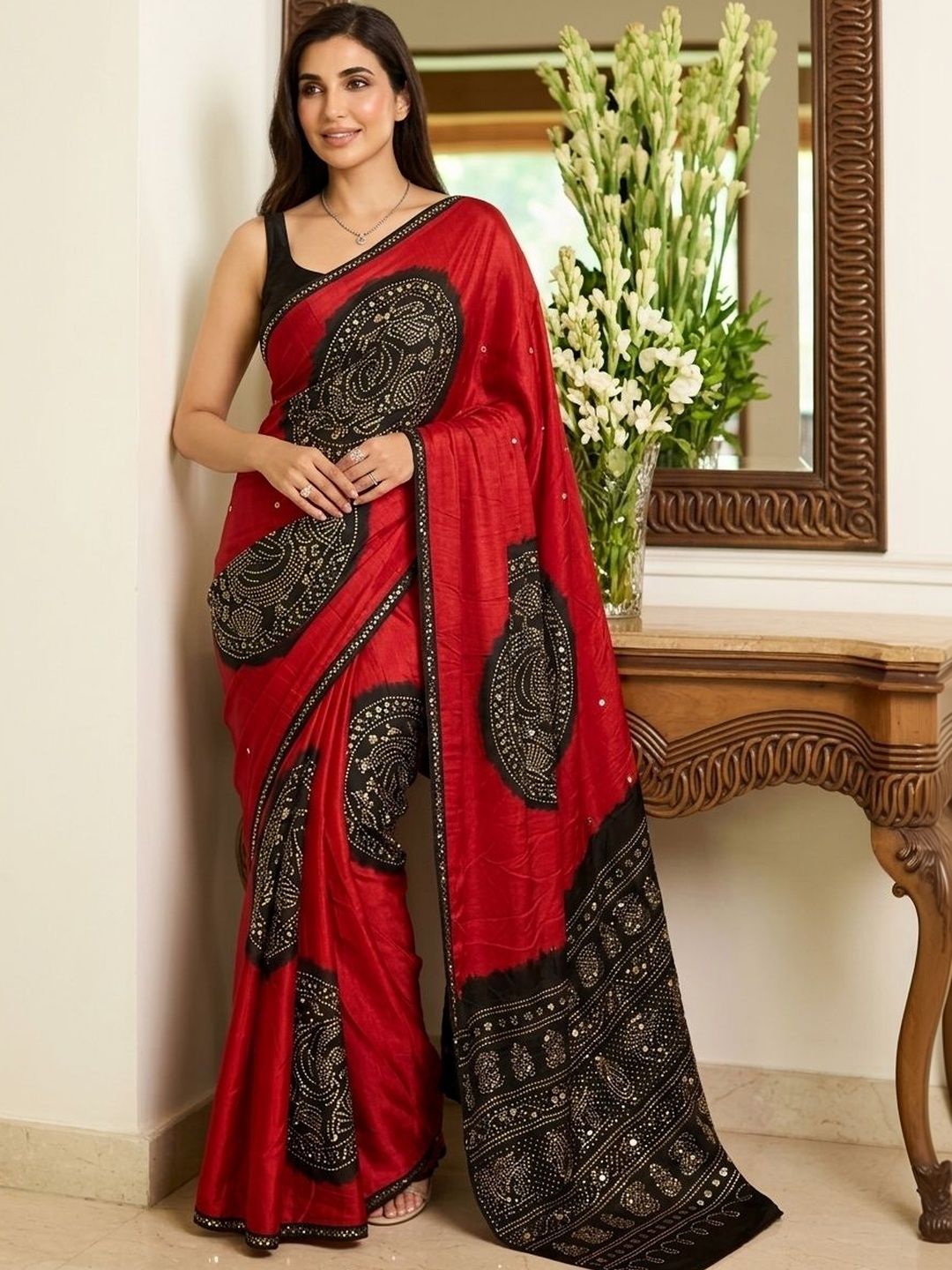 Sangria Sangria Ethnic Motifs Sequinned Heavy Work Block Print Saree