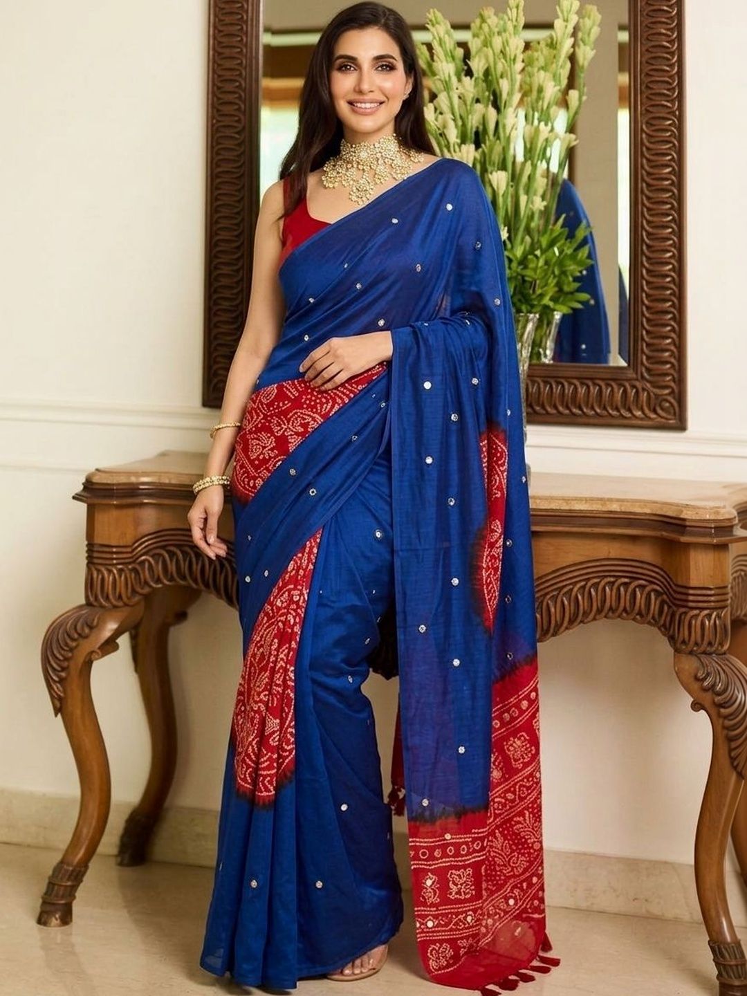 Sangria Sangria Bandhani Mirror Work Block Print Saree