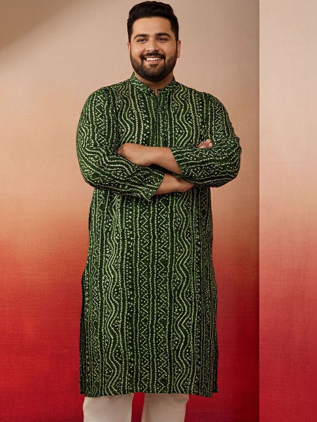 VASTRAMAY Men Bandhani Printed Mandarin Collar Straight Kurta