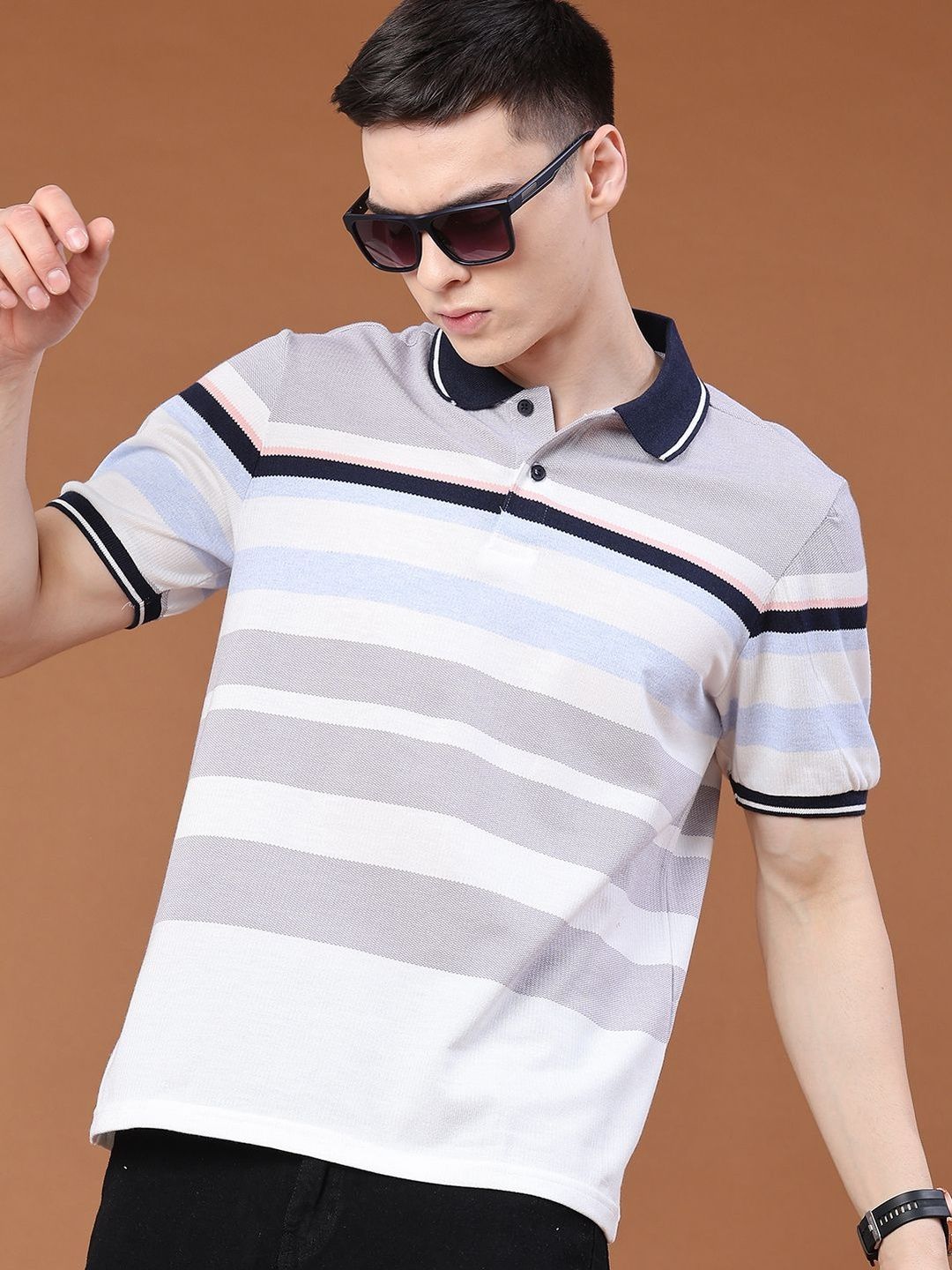 LIMEROAD Men Striped Polo Collar T-shirt