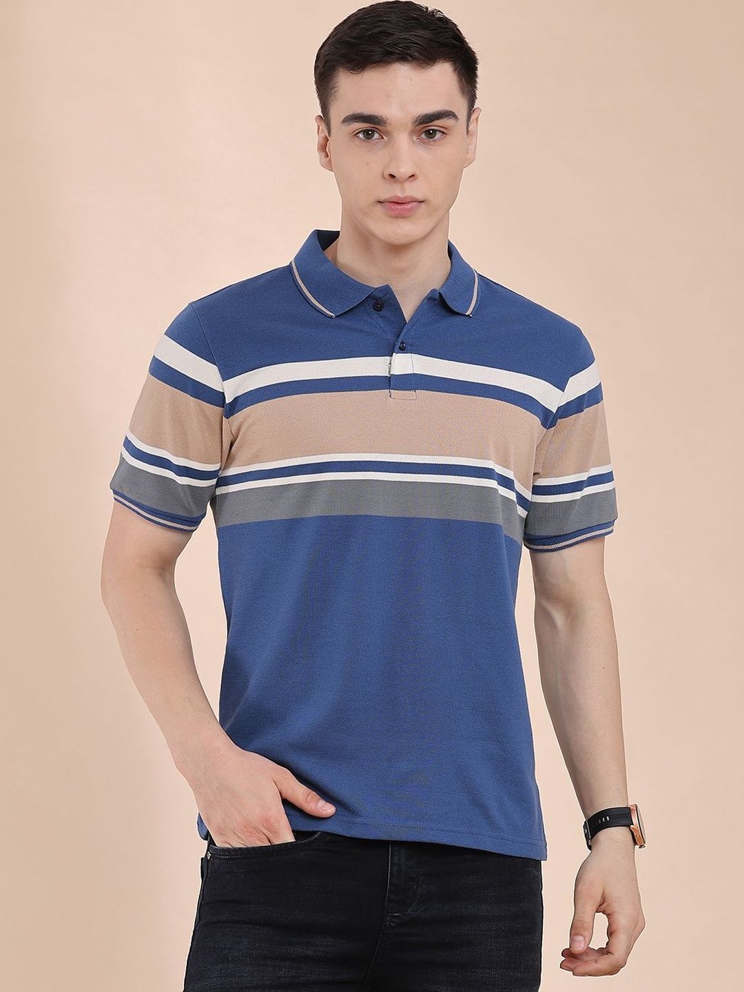 LIMEROAD Men Striped Polo Collar T-shirt