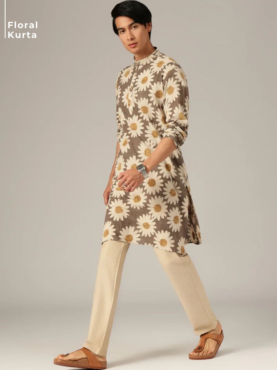 DENNISON Floral Block Printed Mandarin Collar Kurta