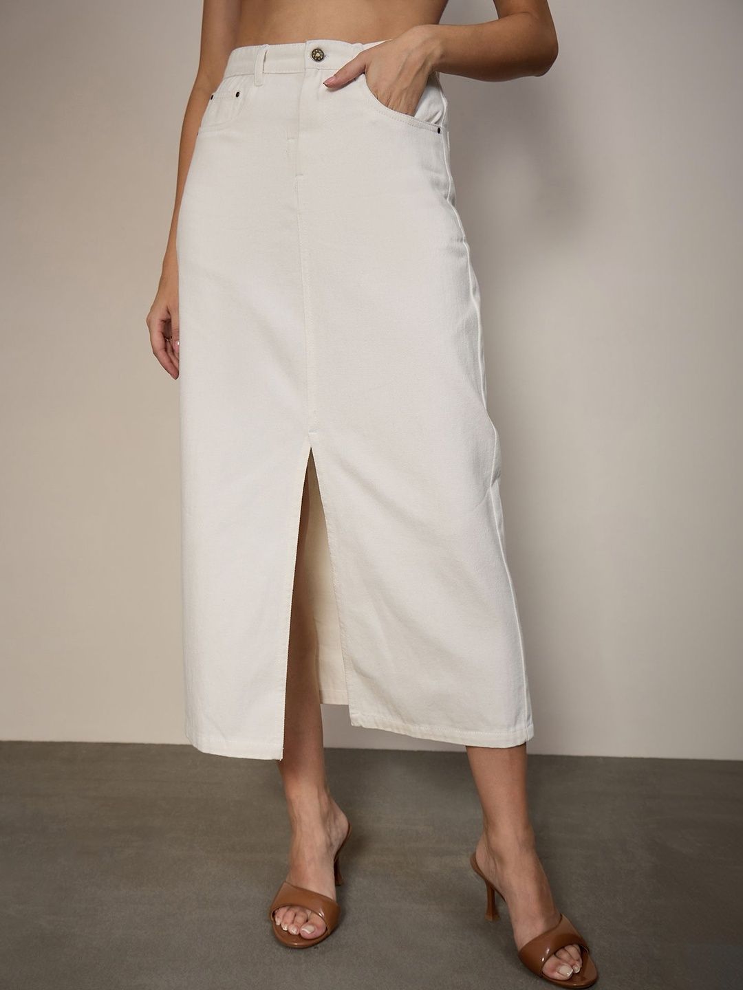 Chemistry Women Denim Front Slit Midi Straight Skirt