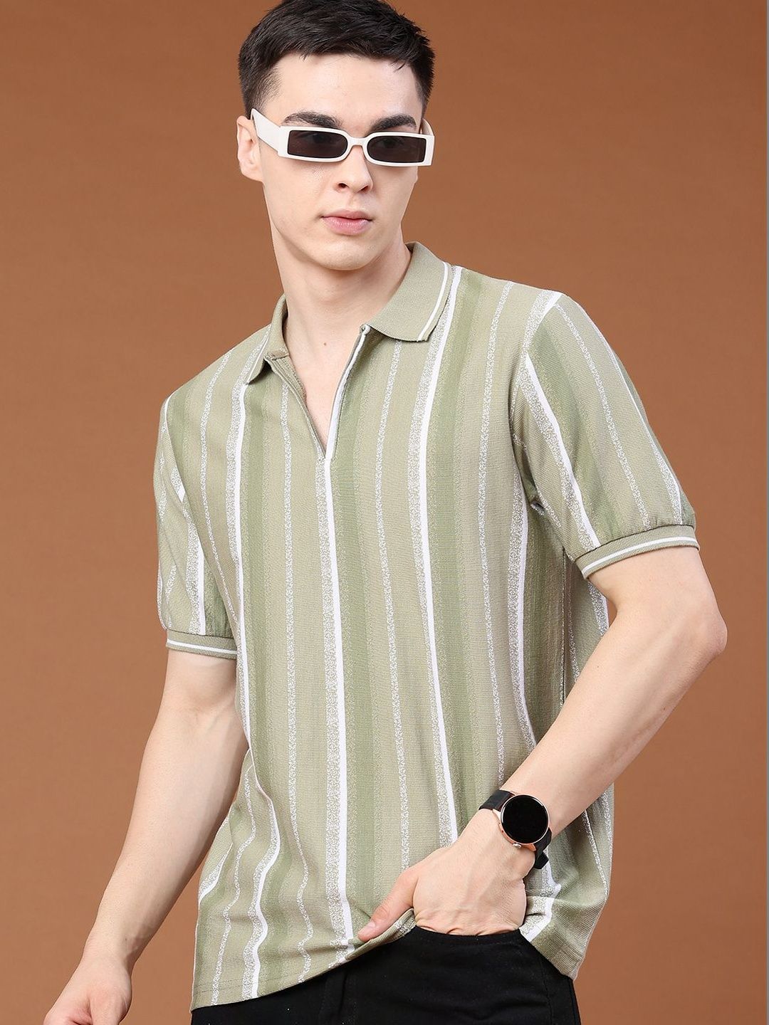 V-Mart Men Striped Polo Collar T-shirt