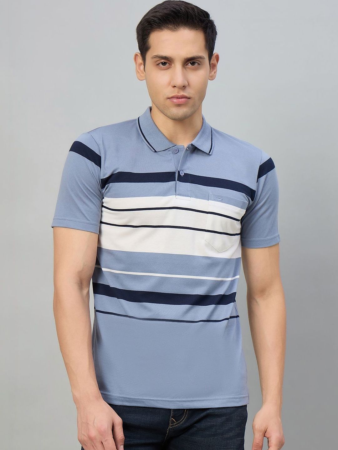 Duke Men Striped Polo Collar Pockets T-shirt
