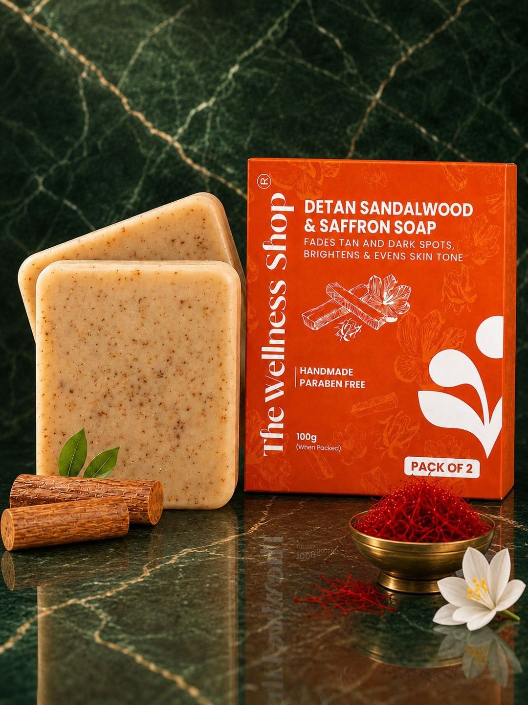 The Wellness Shop Set Of 2 Sandalwood Saffron Detan Soap - 100 g Each