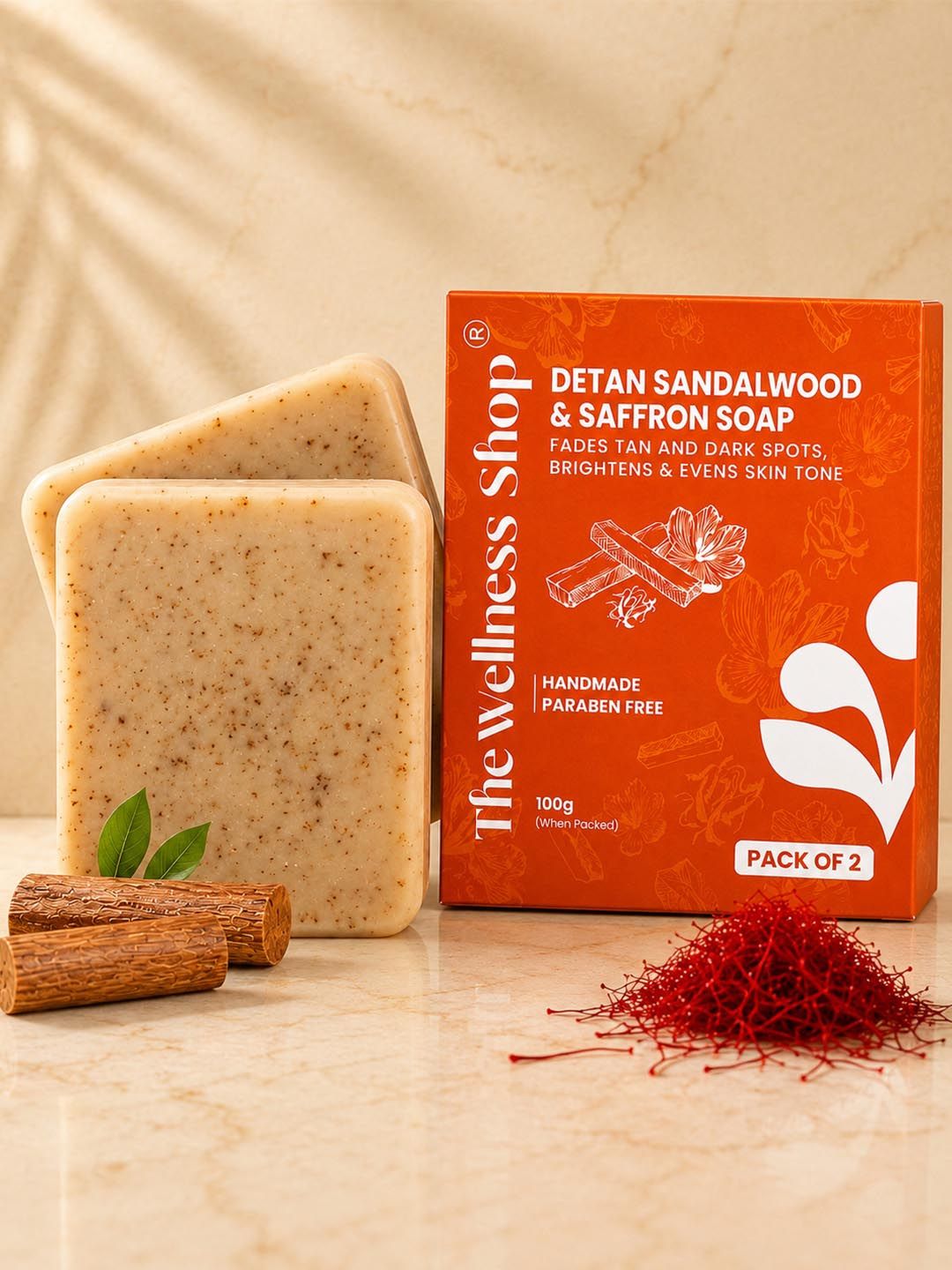 The Wellness Shop Set Of 2 Detan Sandalwood & Saffron Soap - 100 g Each