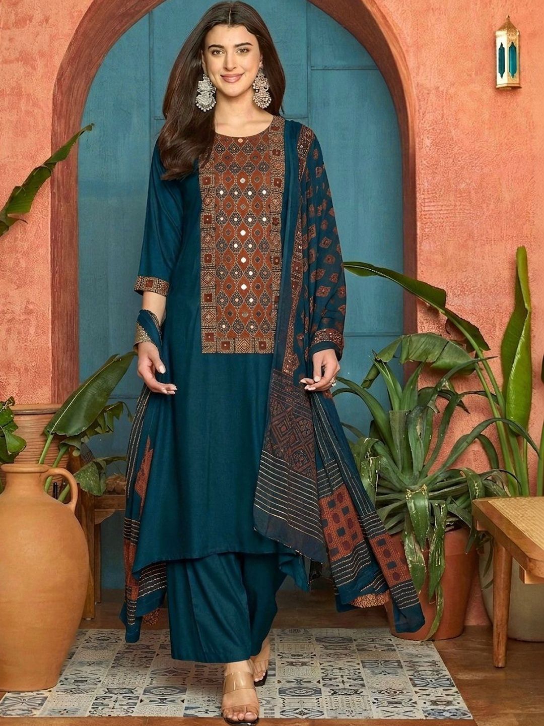 Women Embroidered Kurta with Palazzos With Dupatta Stylum Women Ethnic Motifs Embroidered Regular Mirror Work Kurta with Palazzos & With Dupatta