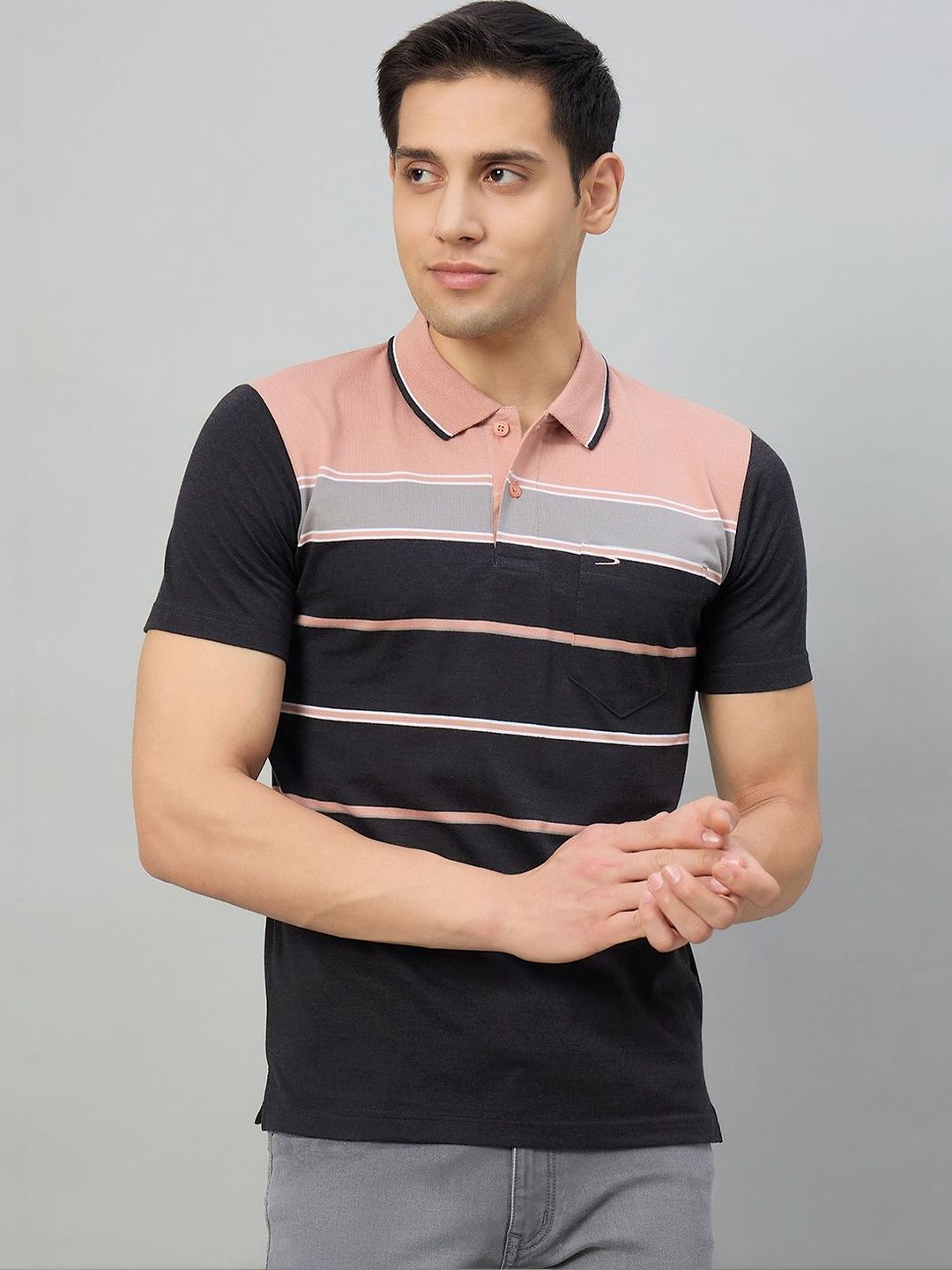 Duke Men Striped Polo Collar Pockets T-shirt