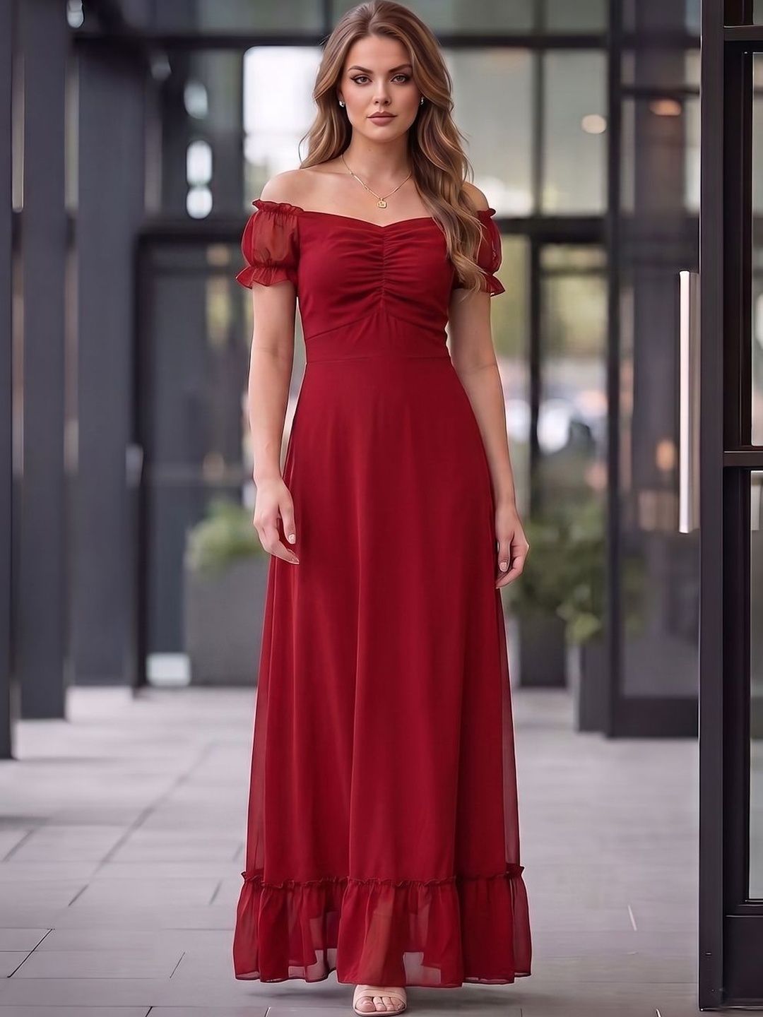 Off-Shoulder Gathered Detailed Maxi Dress deal from myntra Off-Shoulder Gathered Detailed Maxi Dress deal from myntra