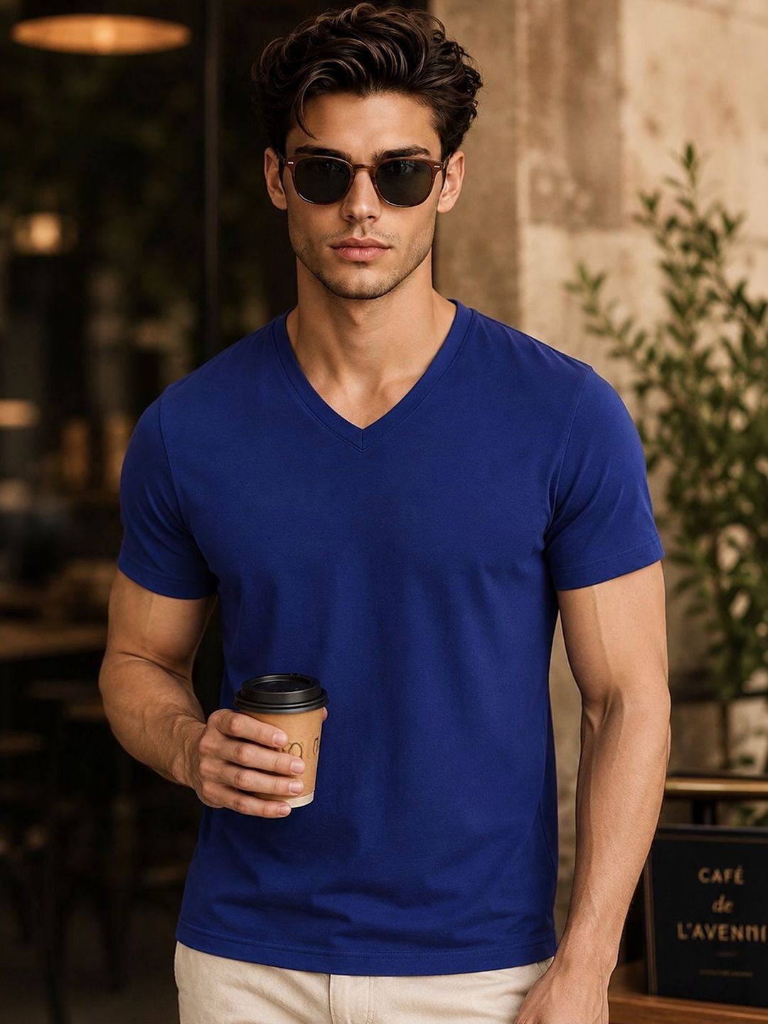 FBAR Men Solid Cotton V Neck T Shirt