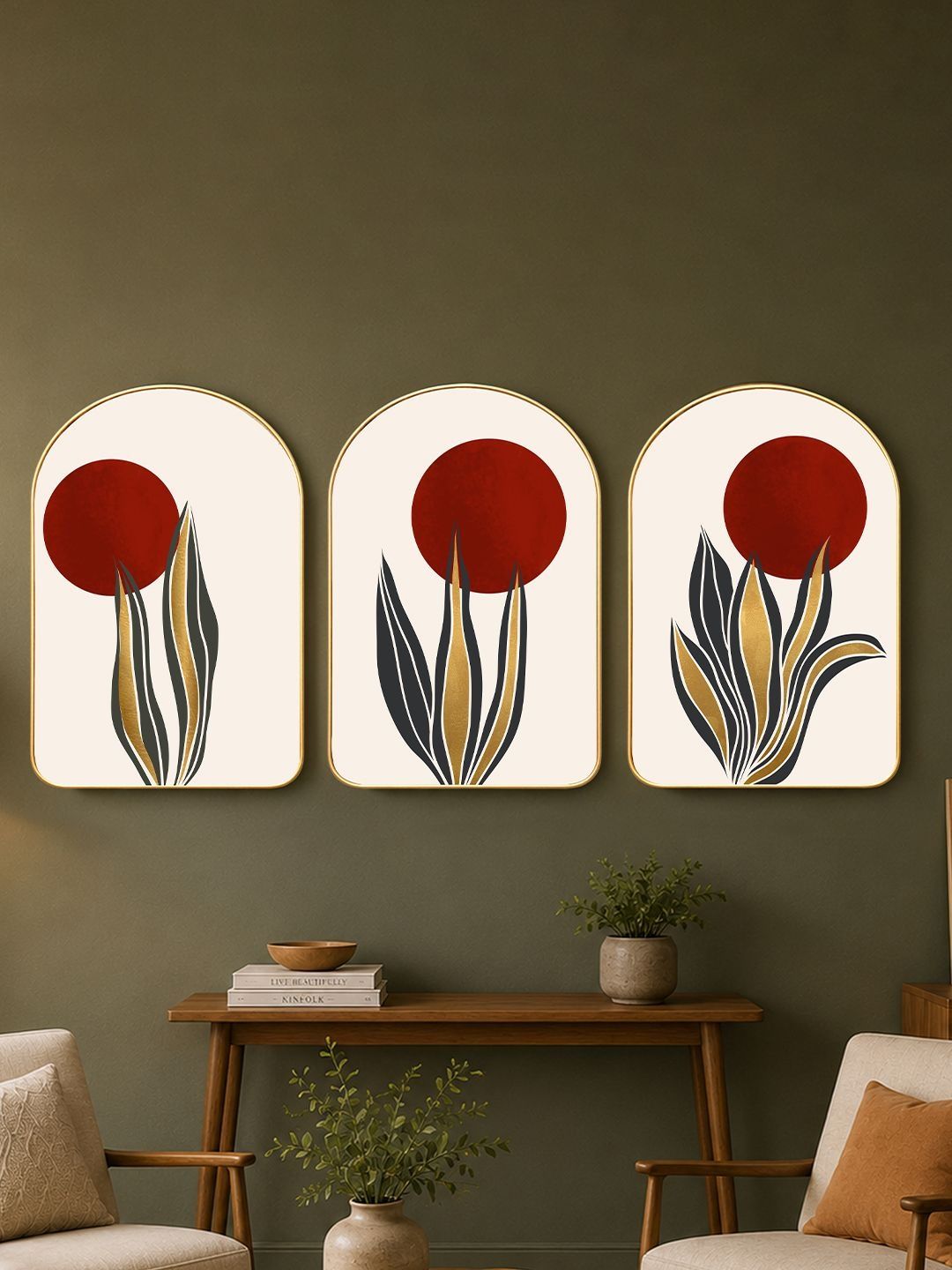 Buy Art Street Red Moon On Leaf MDF 3 Piece Wall Rectangle