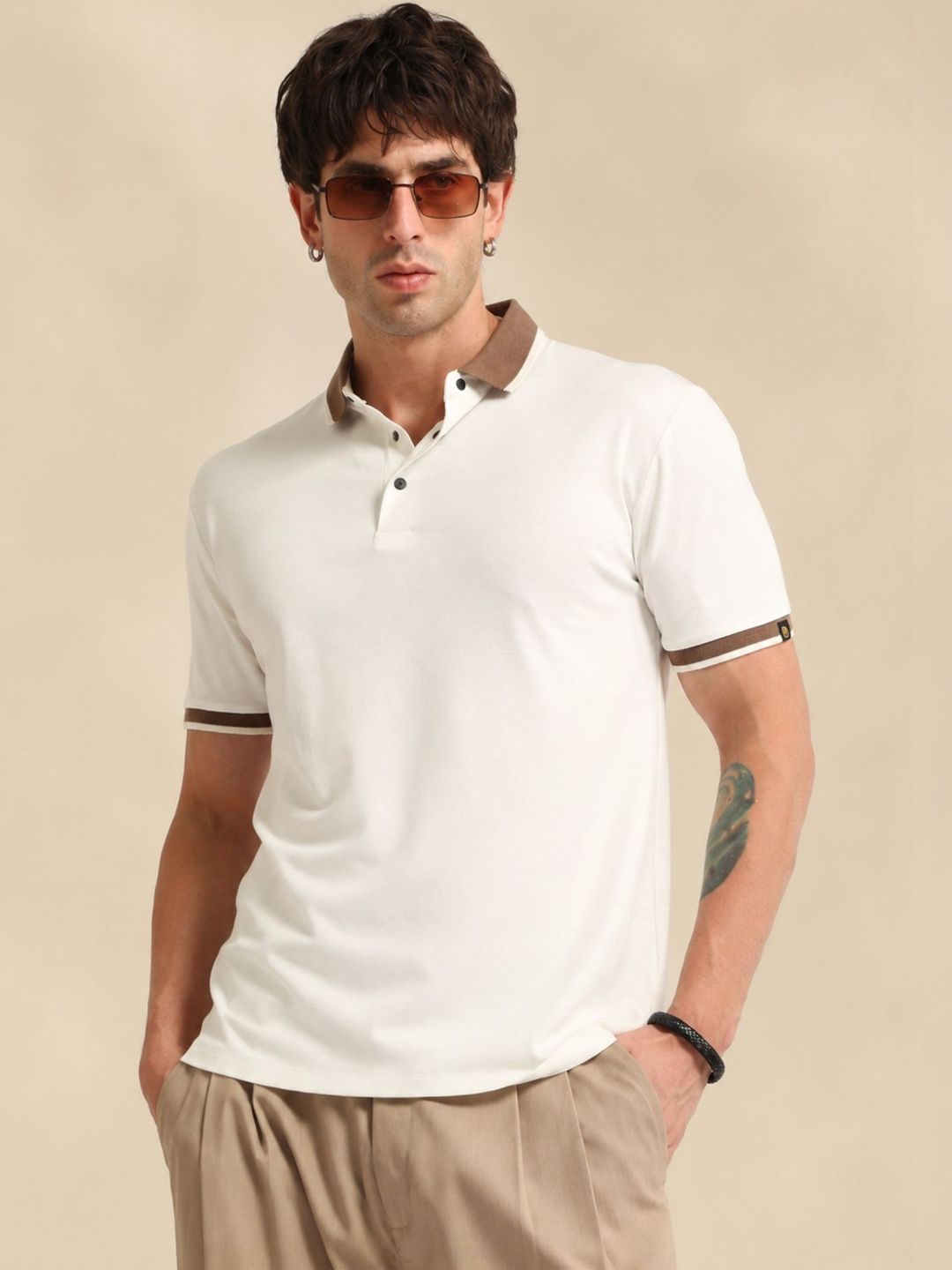 Maniac Men White Contrast Half Sleeve Polo T-Shirt