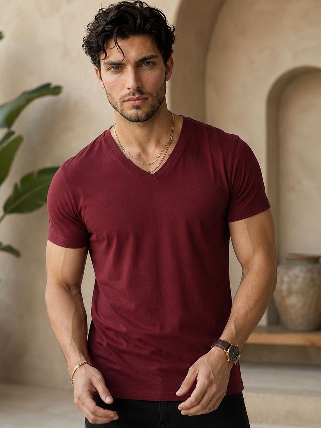 FBAR V-Neck Pure Cotton Bio Wash Slim Fit Sports T-shirt