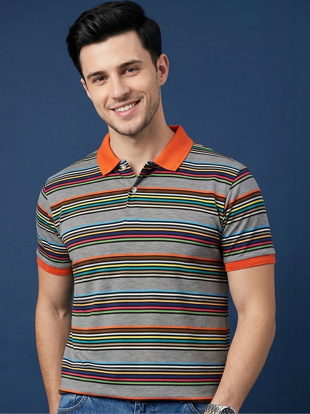 Moda Rapido Men Striped Polo Collar T-shirt