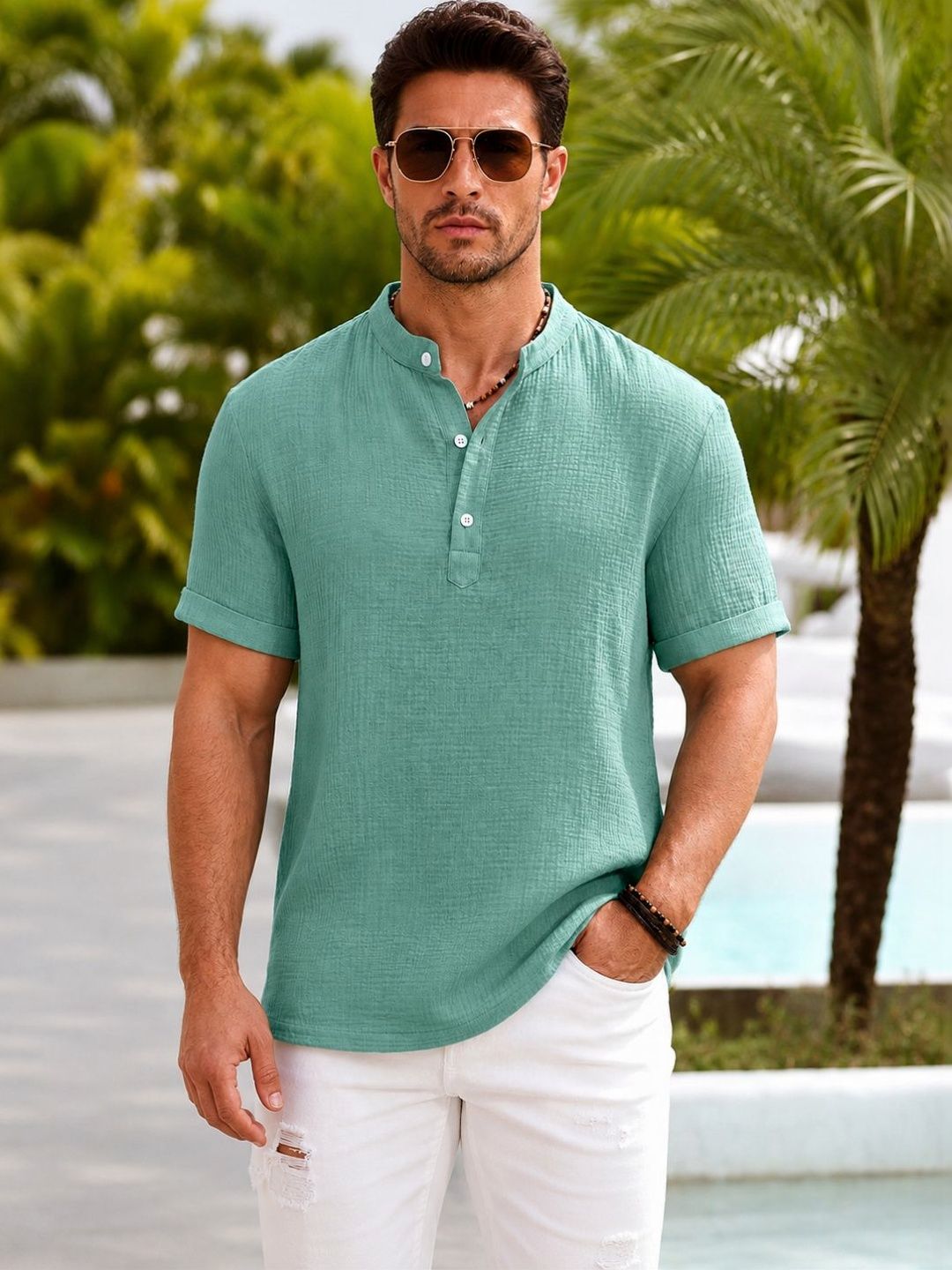 Zombom Men Mandarin Collar Tshirts