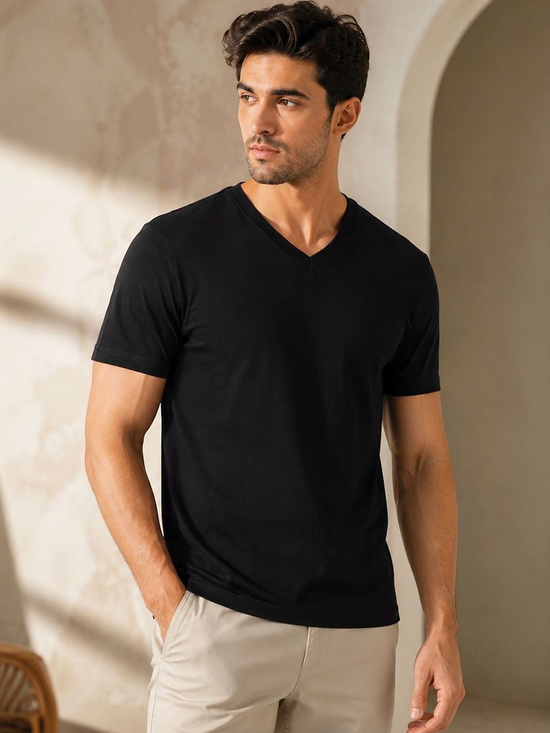 FBAR Men Solid Cotton V Neck T Shirt