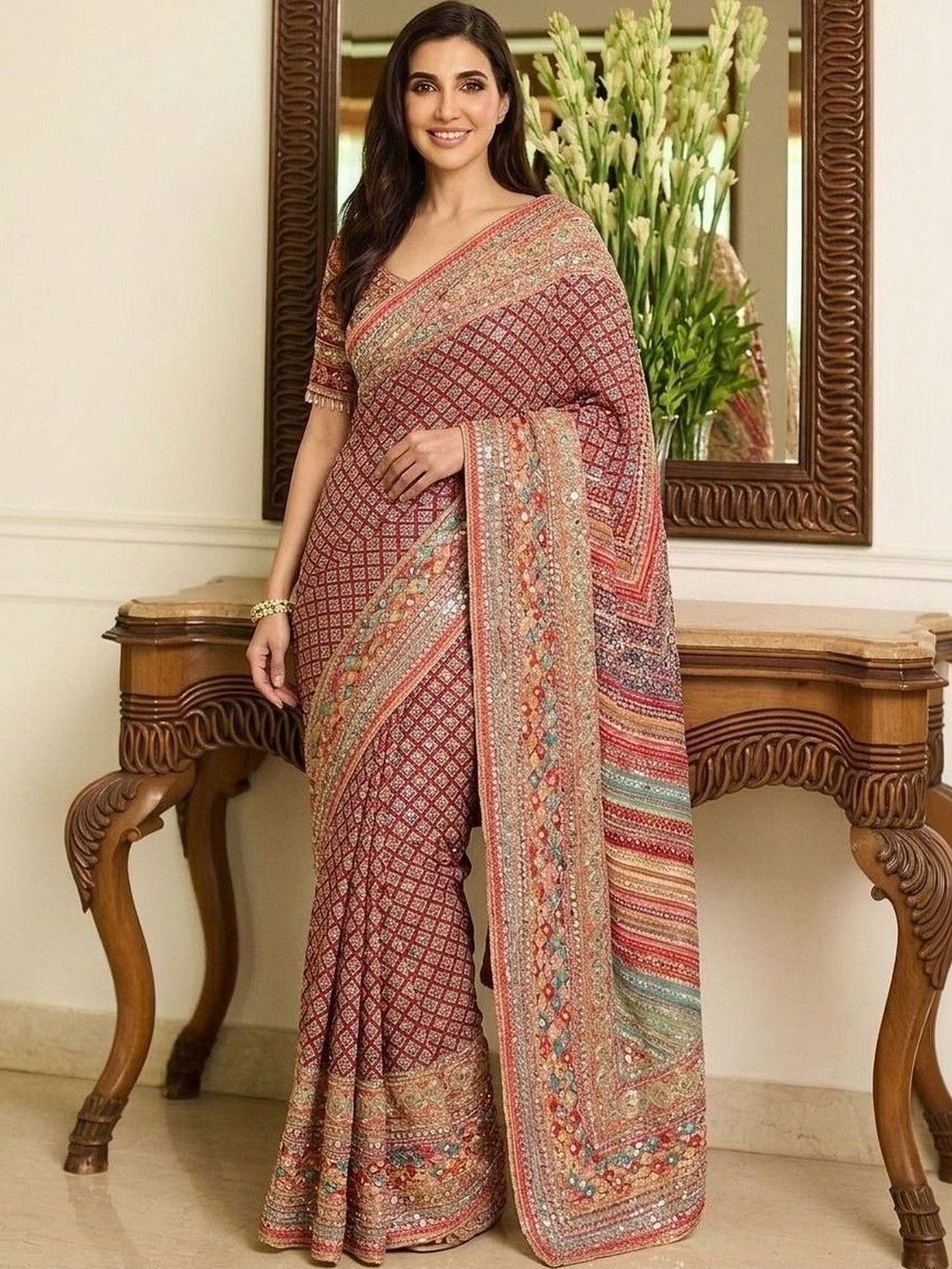 Sangria Sangria Ethnic Motifs Sequinned Pure Chiffon Heavy Work Saree