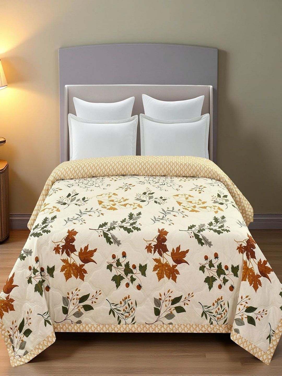 Myntra Elegant Homes Myntra Elegant Homes Cream-Coloured & Red Floral Microfiber AC Room Single Comforter