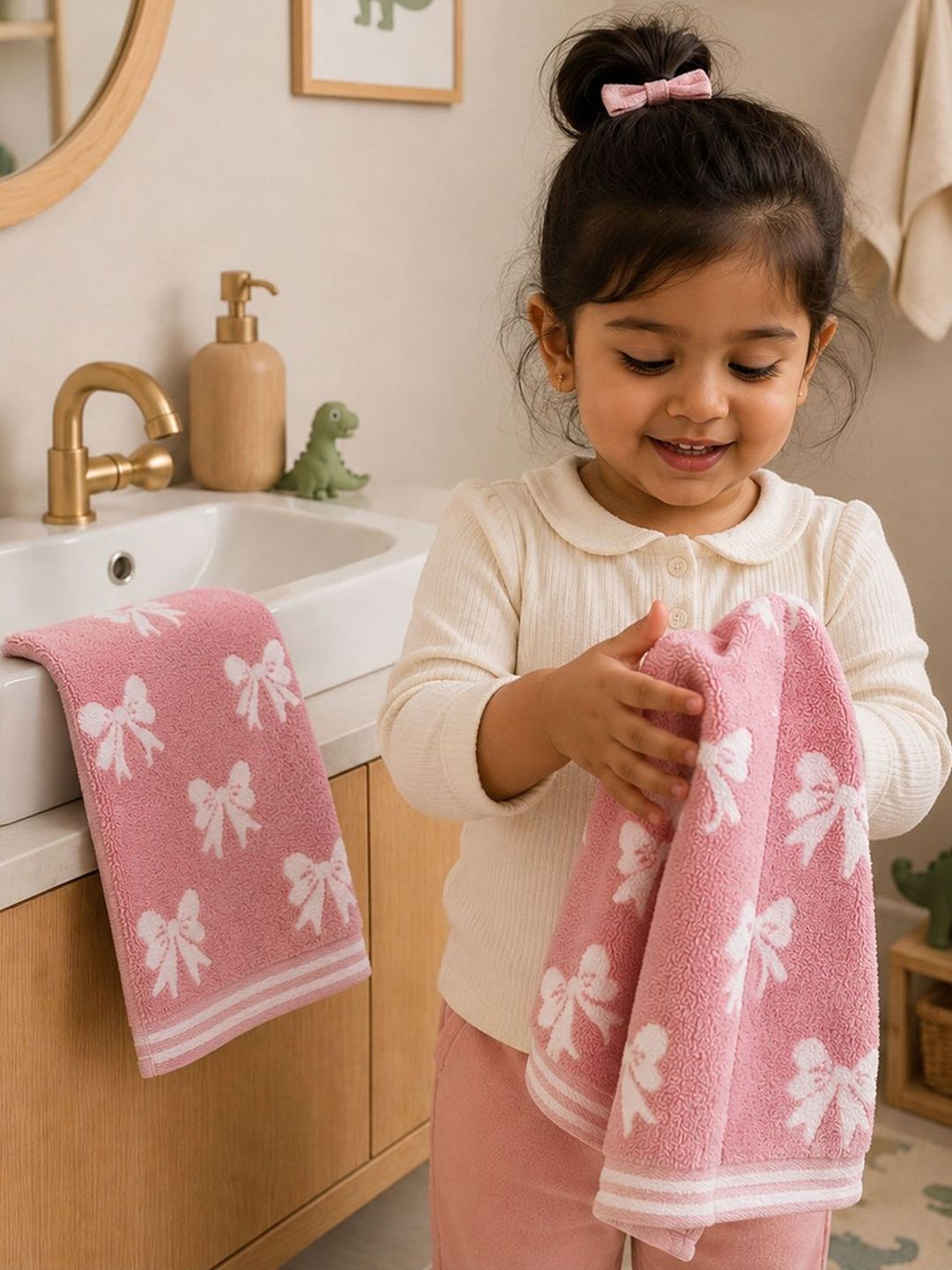 MYTRIDENT MYTRIDENT 2 Pcs Pink & White Printed Hand Towels
