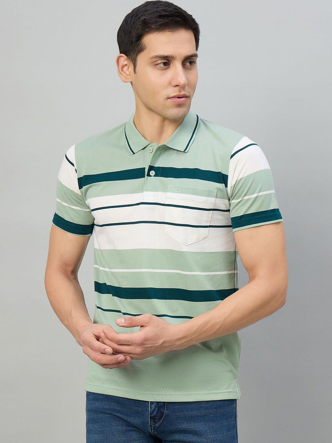 Duke Men Striped Polo Collar Pockets T-shirt