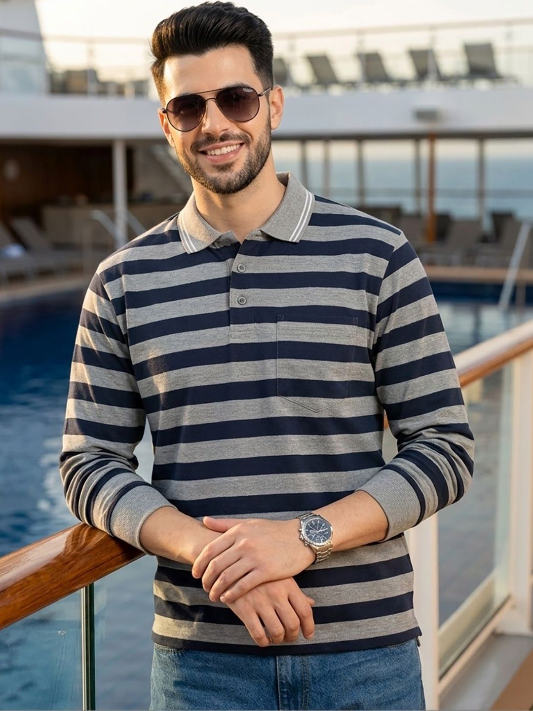 Moda Rapido Men Striped Polo Collar Pockets T-shirt