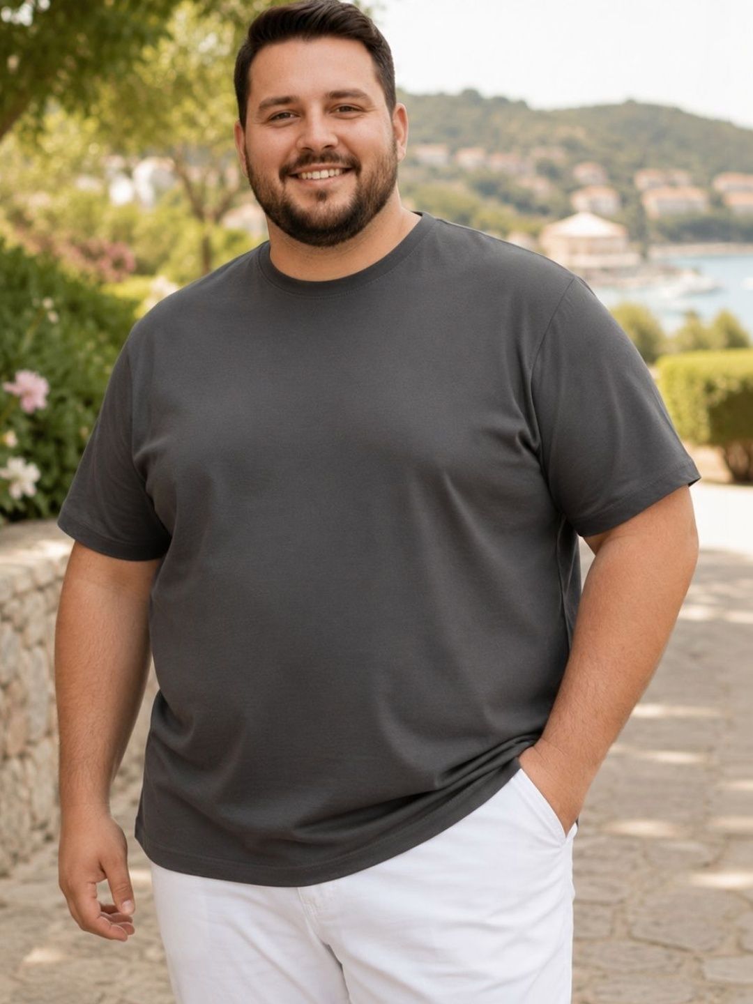 Mast & Harbour Rigo Plus Size Men Dark Grey Solid Round Neck Regular Fit Cotton T-shirt