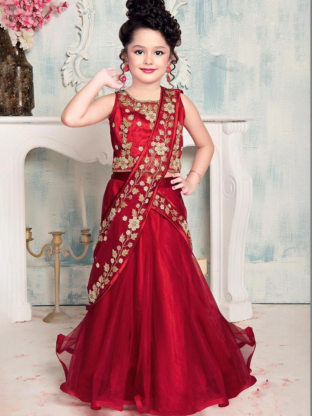 KALINI Girls Embroidered Ready to Wear Lehenga &
