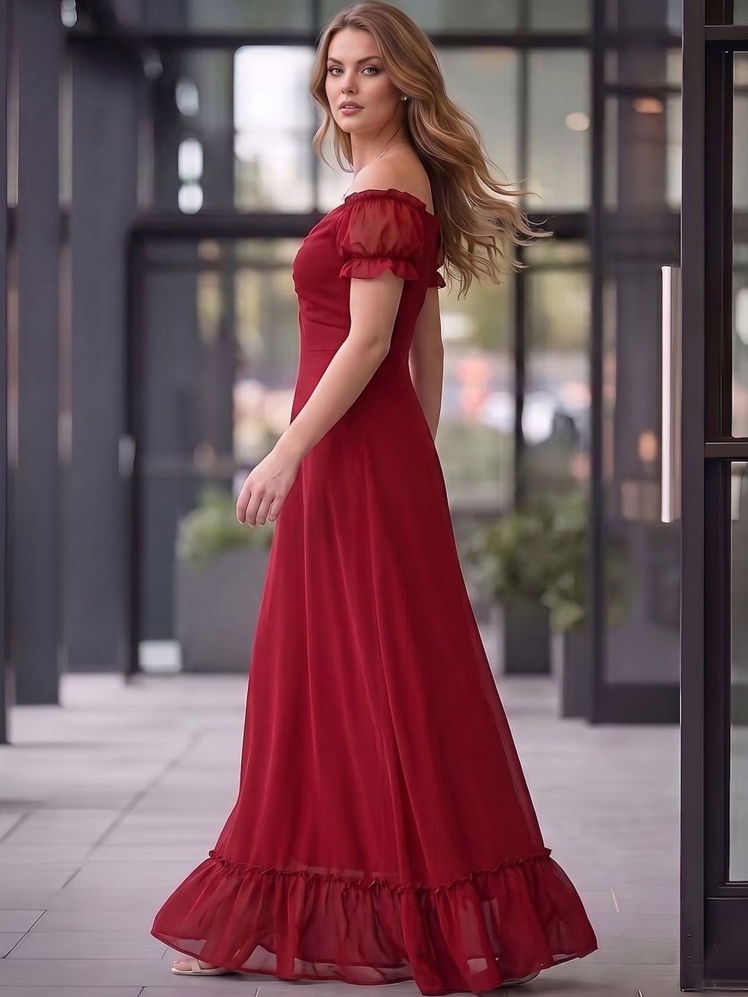 Maxi Dress Off The Shoulder Christmas Dress Aayu Off-Shoulder Puff Sleeve Georgette Maxi Dress (L)